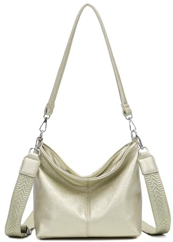 ITALYSHOP24 Damen Tasche Shopper Brusttasche Hobo Bag Schultertasche Crossbody Umhängetasche Beuteltasche Handtasche Crossover BodyBag Leder Optik Gold