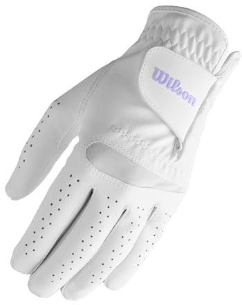 Wilson Feel Plus Guante de Golf para Mujer, Agarre Robusto y Control Superior, Tecnología de Absorción de Humedad, para Todas Las Condiciones Meteorológicas, Mano Izquierda, Color: Blanco, Talla: S
