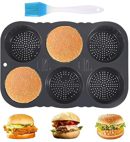 Clyfanesy 6 Kavität Burger Buns Backform Silikon Rund, 10cm Ø, Faltbare Form für Hamburgerbrötchen mit Ölpinsel, Wiederverwendbare Burgerbrötchen Backform für Burger, Brot, Brötchen