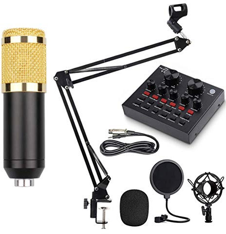 ABBNIA Kit de micrófono de Condensador Kit de micrófono para PC con Tarjeta de Sonido USB Soporte de Brazo de Metal Ajustable Juego de micrófono Profesional Ideal para