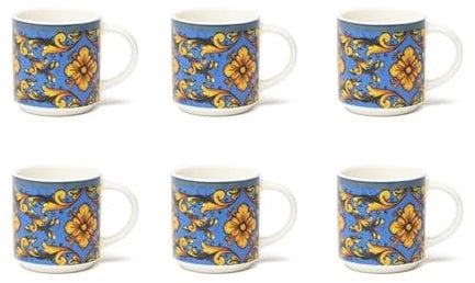 Excelsa Trinacria Set 6 Tazze da Caffè in New Bone China, Decorazione Floreale Blu e Giallo