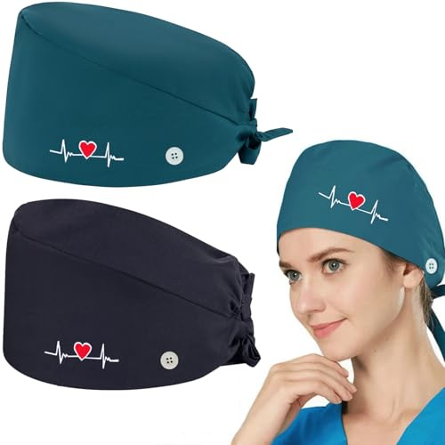 FAYAHAR 2 Stück Op Haube Stoff Unisex, Op Haube Baumwolle | Leicht und Bequem, mit Knopf und Schweißband, Verstellbare Passform, Op Kopfbedeckung für Ärzte Pflege Zahnarzt Klinik (A)