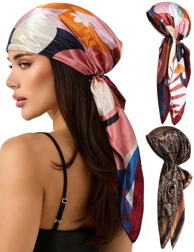 AWAYTR Pretied Head Scarf for Women - 2 Pack Chemo Patients Headwear Cancer Hair Loss Scarf Head Wrap Cover Hat Turban Cover (Floral: Brown+Red)