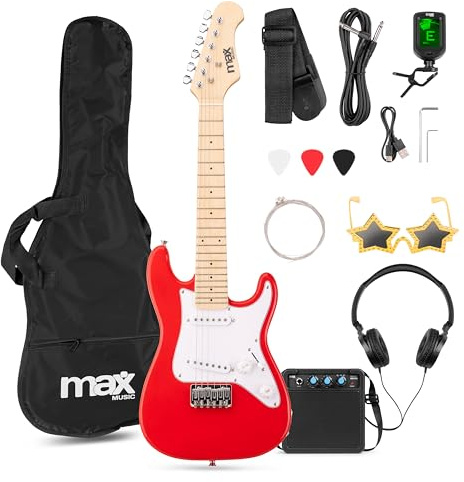 Max GigKit Junior 1/4 - Kinder E Gitarre Set, E Guitar, Elektrogitarre mit Verstärker 10 Watt, Tasche, Plektrum, Kopfhörer, Gurt, Stimmgerät, Kabel, Saiten, Electric Guitar, E Gitarren Set - Rot