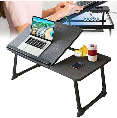 Bed Table For Laptop, Bed Desk with Foldable Legs & Cup Slot - Adjustable Trays, 2/1 Laptop Bed Table for Laptops w/Reading Book Holder Notebook Stand Tray for Bed, Sofa,Terrace,Carpet, Black