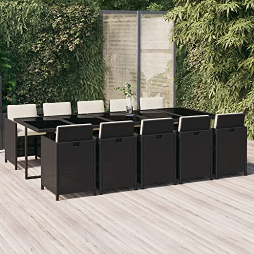 Ziaphsol 11-TLG. Garten-Essgruppe, Poly Rattan Schwarz, mit Kissen, ausziehbarem Tischgestell, robustem Stahlrahmen, für Terrasse, Balkon, Outdoor-Wohnbereich