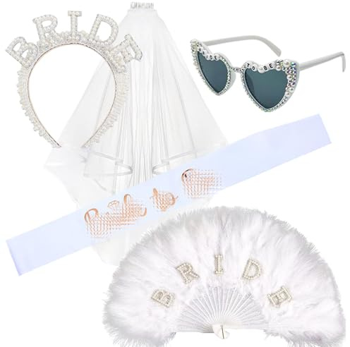Yealuusoon Bride to Be Hen Do Set, 5 Piece Wedding Accessories Kit with Pearl Headband, Veil, Sash & Feather Fan, White Bridal Party Present Box for Women