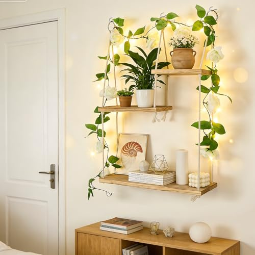 ExKeen 3-stufiges Wandregal Holz mit Lichtdekoration, Boho Deko Hängeregal Schweberegale für Pflanzen, Bücher & Deko, Wandmontiertes Blumenregal für Wohnzimmer, Schlafzimmer, Balkon