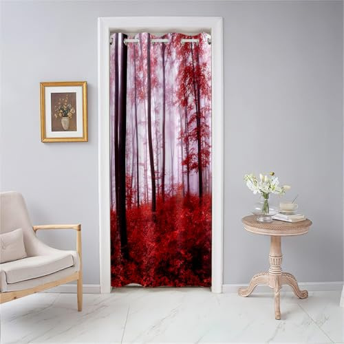 Hiseng Türvorhänge Innen Stoff mit Motiv, Türvorhang Dicker Stoff mit Ösen Kälteschutz Doppellagiger Zimmer Divide Wohnzimmer Raumteiler Zimmer Küche für Innentür (Roter Baum,W150xL200CM)
