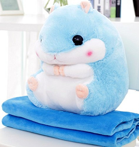 YunNasi 2 in 1 Hamster Kuscheltier Plüschtier Hamster Kissen mit Kuscheldecke Super Süßes Geschenk für Kinder und Freundin 50cmX30cm (Blau)