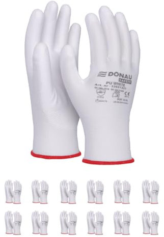 DONAU SAFETY Montagehandschuhe Handschuhe/Größe 09, 12 Paar/Kat. II/Weiß/Handschuhe Arbeitshandschuhe aus Polyester/Polyurethan/Garten-, Builders, Mechaniker