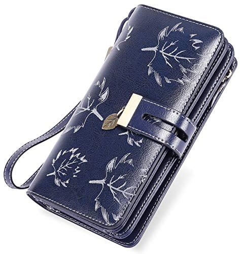 LUROON Geldbörse Damen Groß Viele Fächer, Leder Geldbeutel Damen Gross mit 24 Kartenfächer, RFID Frauen Portemonnaie Lang Damen Portmonee mit Handyfach und Reißverschluss (Dunkelblau)
