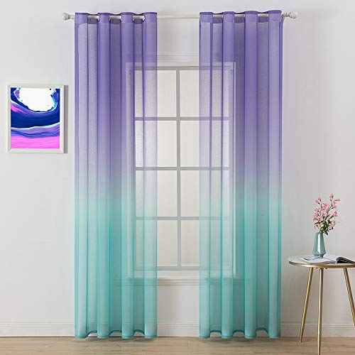 MIULEE Vorhang Gardine 2er Set Voile Leinenvorhang Dekoschal Ösen transparent Sheer Farbverlauf Schal Ösenschal für Wohnzimmer Schlafzimmer Kinderzimmer 140x225 cm (B x H) Lila und Grün