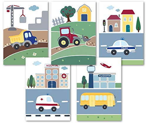 PICTALOO 5er Set süße Fahrzeug Bilder - tolle Kinderzimmer Deko für Jungen -– Kinderbilder und Baby Poster - DIN A4 Wandbilder ohne Bilderrahmen - Bilder Babyzimmer (5er Set)