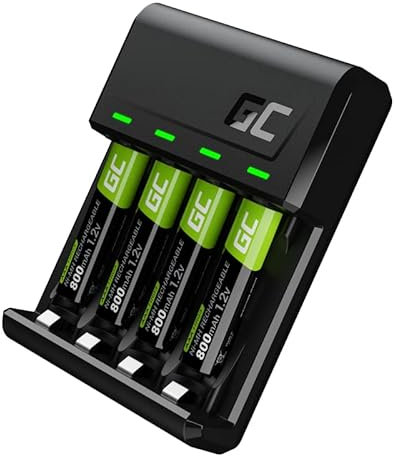 Green Cell VitalCharger Batterieladegerät Ladegerät + 4X AAA 800mAh für NI-MH AA AAA R6 R03 Mignon Akku. Mit Micro USB USB-C. 4-Kanal-Ladesystem - lädt ab 1 bis 4 AA oder AAA, LED-Signalisierung