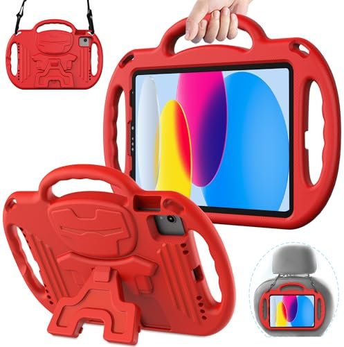 AVAWO Étui léger et durable pour iPad 10e 10,9 2022/iPad Air 6/5/4 génération Pro 12345 - avec bandoulière, poignées, béquille réglable, rouge