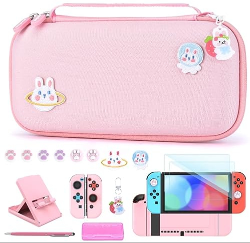 Switch Tasche für NS Switch - innoAura 18 in 1 Switch Zubehör mit Switch Hülle, Switch Hülle, Switch Spiele Aufbewahrung, Switch Schutzfolie, Switch Ständer, Switch Joystick Kappen (Rosa)