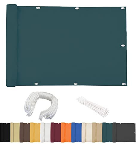 Balkon Sichtschutz, 80x650cm, Sichtschutz Balkonbespannung, Windschutz Staubschutz Sonnenschutz, Gewebe Netz mit Kabelbinder, für Gartenzaun & Balkongeländer - Dunkelgrün