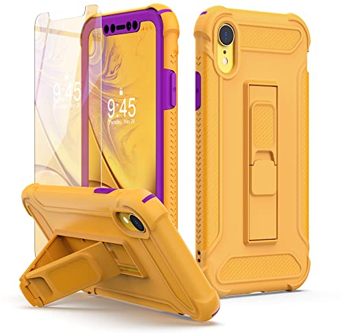 ORETECH [5-in-1 für iPhone XR Hülle, mit [2 Stück Schutzfolie, Ständer, Vordere und Hintere Hülle],Handyhülle iPhone XR,[Militärschutz] Stoßfest Schutzhülle Ganzkörperschutz Hülle iPhone XR 6,1 Gelb