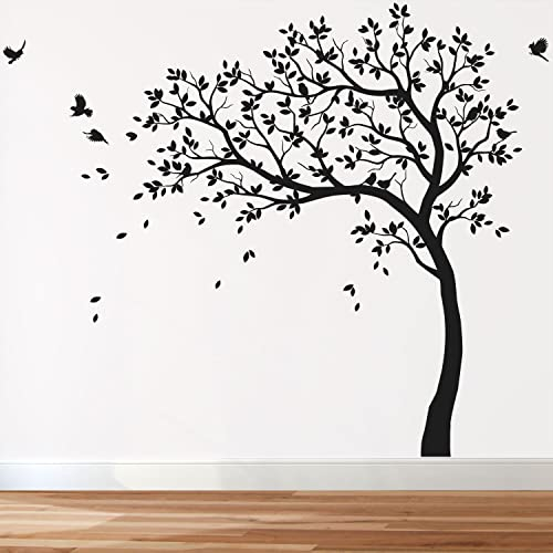 Großer Wandaufkleber Baum Mit Vögeln - Kinderzimmer Wandsticker Wandtattoo Vinyl Wanddekor KW032 (Äste Nach Links, Alles in Schwarz)
