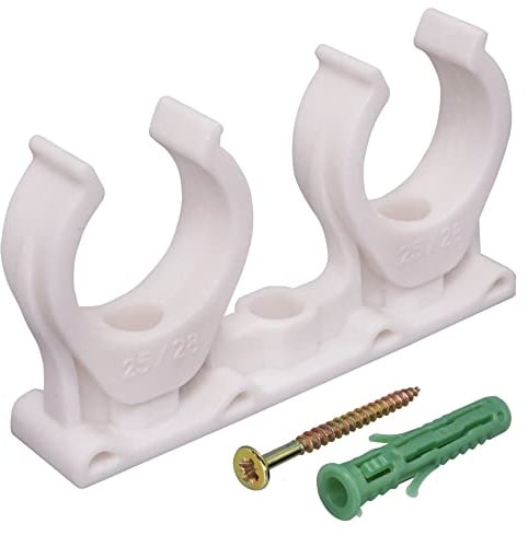 SKIR'CO (10 piezas) Abrazaderas de tubo dobles, abrazaderas de plástico para tubos de 25-28 mm, abrazadera de tubo tipo U, abrazaderas de tubo blancas, colgadores de manguera
