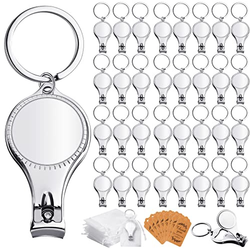 Cunno 50 Set Nail Clipper Keychain with Escort Tag Cards White Drawstring Organza Bags Nail Bottle Opener Keychain for Party Wedding Favor Gift Decorations Souvenirs Guest