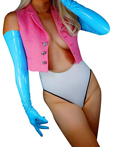 DooWay Lange Latex-Handschuhe für Damen, 70 cm, Stretch, 2. Haut, Kunstgummi, Halloween-Kostüm, Nachtclub, Party, Handschuhe, Glänzendes Blau, 38