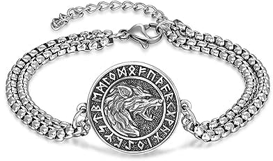 KINGWHYTE Viking Wolf Head Armband 925 Sterling Sliver Vintage Viking -Armband Für Männer Frauen Mit Edelstahlkette 9+2 Zoll