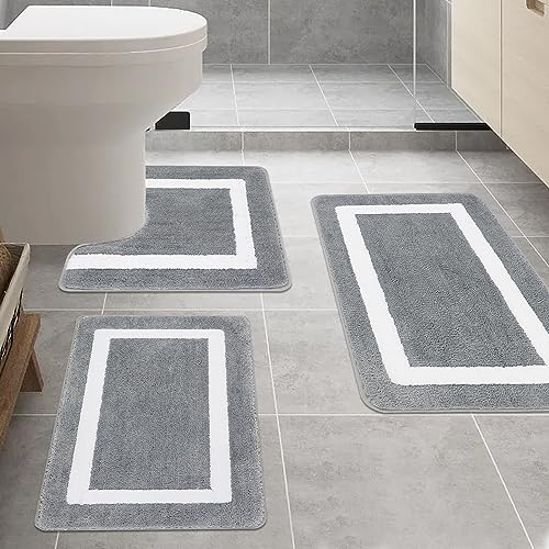 Famibay Badezimmerteppich Set 3 Teilig Badematte Badteppich rutschfest Grau Badematte und WC Vorleger mit Ausschnit Badvorleger Waschbar Microfaser für Badezimmer Badewanne und Toilette