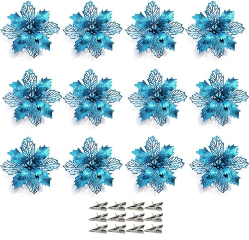 12 Pcs Christmas Tree Flowers, Artificial Poinsettia Glitter Xmas Decorations, Ornaments for Garland Festive Party, Slight Blue