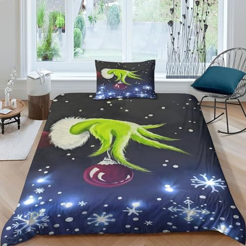 Christmas Bettwäschegarnitur Mädchen Junge Kinder 3D Gedruckter Grinch Bettbezug Set Reissverschluss Weich Microfaser Bettwäsche Und Kissenbezüge 2 Teilig Single(135x200cm)