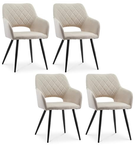 CLIPOP Esszimmerstühle, 4er Set, Polsterstühle mit Armlehnen, Metallbeine, Leinen Bezug, Leinen Creme, bis 150 kg belastbar, für Arbeitszimmer, Wohnzimmer, Schlafzimmer (4er, Leinen Beige)