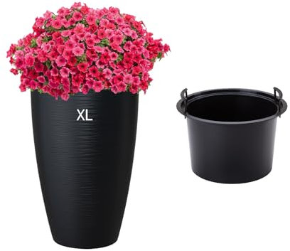 MELTOM Blumenkübel Blumentopf Pflanzkübel mit Herausnehmbaren Einsatz Rund horizontale Streifen (Schwarz, XL-48cm)