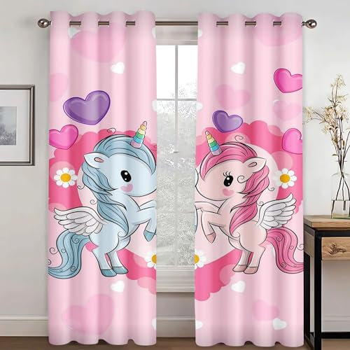WEQEER Vorhänge Blickdicht Einhorn Verdunklungsgardine Karikatur Rosa Pferd Kinder Fenstervorhang Regenbogen Wolken drucken Vorhang für Kinderzimmer (5,280x245cm(2x140x245cm))