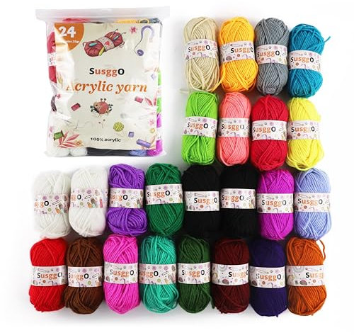 SusggO Confezione da 24 gomitoli di lana per uncinetto per maglieria a mano fai da te, matasse in filo acrilico, 25 gr, ±40 m, colori assortiti