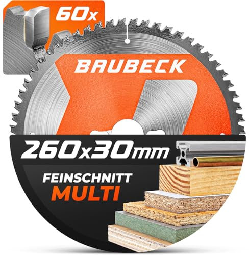 BAUBECK Lame de scie 260x30 Z60 2,15 mm coupe dans le bois & l’aluminium compatible avec Festool Kapex KS 120, Makita LS1018LN, LF1000, LS1019L, lame circulaire 260, lame scie à onglet 260