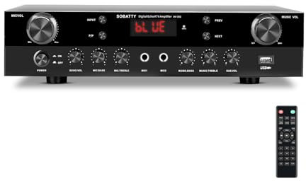SOBATTY Amplificatore ricevitore AV stereo a 2.1 canali con uscita subwoofer, ingresso coassiale per audio domestico, karaoke, feste ed eventi all'aperto