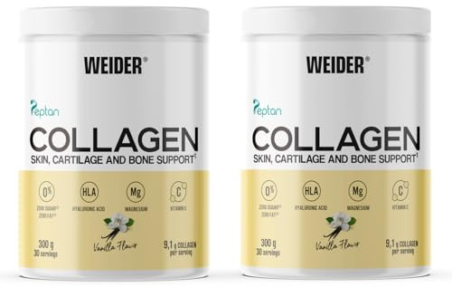 Weider Collagen DUO PACK (2x300g) Vanille, Hydrolysiertes Kollagen Typ I | 100% Peptan mit Hyaluronsäure, Magnesium, Vitamin C, Zuckerfrei, Für Haut, Knorpel, Knochen und Haare