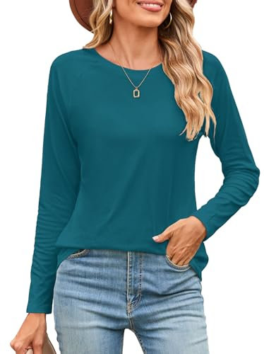 Beluring Tunika Damen Langarm Rundhals T-Shirts Elegant Geschwungener Saum Oberteile Pfauenblau XL