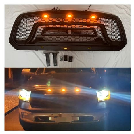 YYEFNMAZ Front Mesh Grill Kompatibel for Dodge Ram 1500 2013-2018 Racing Grille ABS Schwarz Stoßstange Maske Ersatz Gitter(Orange LED)