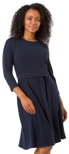 Roman Petite Ribbed Tie Waist Detail Dress for Women UK - Ladies Everyday Autumn Winter Round Neckline Comfy Soft Evening Vacation Work Party Night Out - Petite Black - Size 16