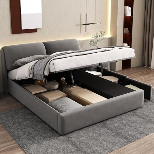 Gelukueub Ottoman Upholstered Bed, King Size Bed-5ft(150 * 200cm), Hydraulic Bed, Three Drawers, Bed Box For Storage, Slatted Frame with Headboard, without Mattress, Velvet, Grey