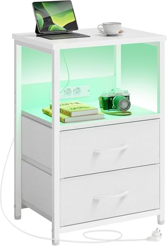 Rolanstar Beistelltisch mit LED-Beleuchtung, Nachttisch mit 2 Schubladen, USB-Anschluss & versteckter Steckdose, Sofatisch für Schlafzimmer und Wohnzimmer, Weiß