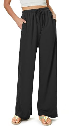 Glacspyg Damen Hosen Flowy Wide Leg Freizeithose Casual Beach Strandhose High Waisted Kordelzug Palazzo Hosen mit Taschen Schwarz L
