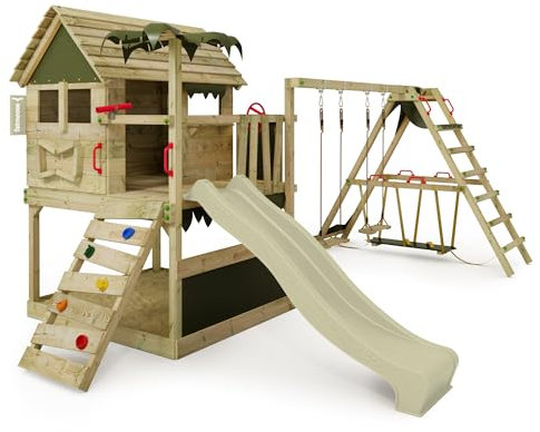 FATMOOSE Spielturm Klettergerüst TikaTaka Town XXL mit SurfSwing, Schaukel & salbeigrüner Rutsche, Outdoor Kinder Kletterturm mit Sandkasten Leiter & Spiel-Zubehör für den Garten