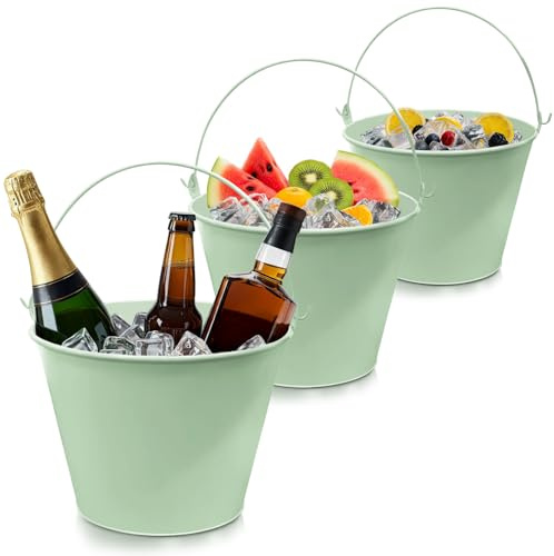 PLEXON Galvanized Metal Ice Bucket for Parties Coctail Bar Restaurant - Drink Beer Champagne Metal Pail Bucket with Handle, Beverage Chiller Cooler Small 1.3 Gallon, Green, Set of 3