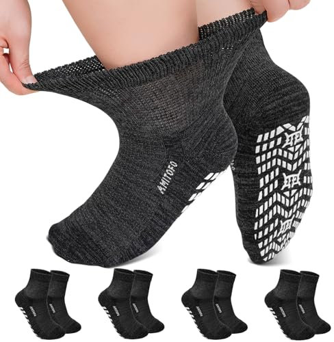 LOFIR Chaussettes Diabétiques Antidérapantes pour Femme: Socquettes Sans Couture Sans Élastique en Bambou pour Personnes Âgées aux Pieds Enflés et Femmes Enceintes Noir 4 Paires 43-46