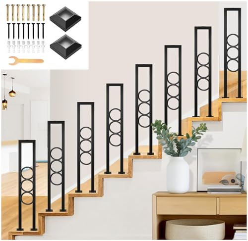 Ringhiera per scale a forma di U, ringhiera interna decorativa in metallo nero, ringhiera di sicurezza antiscivolo con anelli, per portico, corridoio, soppalco, balcone (95 cm)