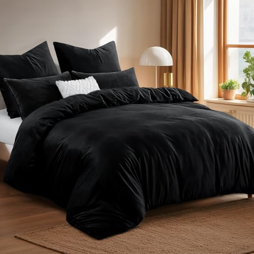 Tifschlaf Winter Flanell Bettwäsche 200x200 - Warme Flauschig Winterbettwäsche Samt Plüsch Cashmere Touch Bettbezug + 2 Kissenbezüge 80x80 mit Reißverschluss, Schwarz