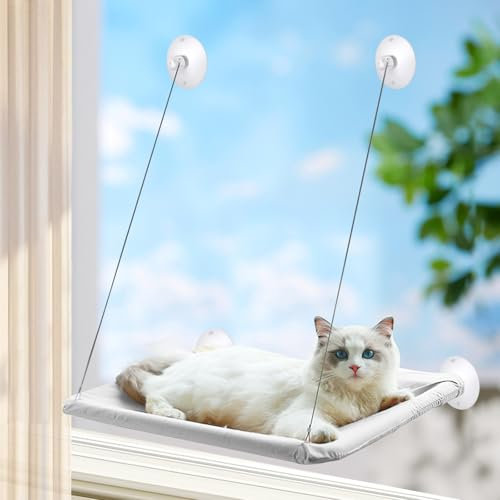 PETCUTE Hamaca de Cama con Ventana para Gatos de Interior,Hamaca Reforzada para Gatos de hasta 15kg con Ventosa Fuerte,Lavable Transpirable Tela Oxford,para Superficies Lisas